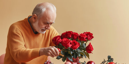Senior florist arranging red roses for valentines day bouquetの素材
