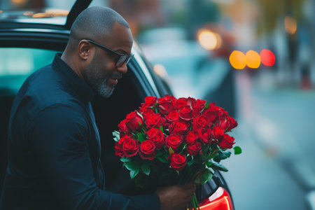 African American Elegant man picking up red roses bouquet from car trunk for valentines dayの素材