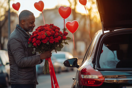 African American Man smelling bouquet of red roses near car with heart balloons for valentines dayの素材