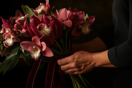 Florist arranging bouquet of orchids for valentines dayの素材