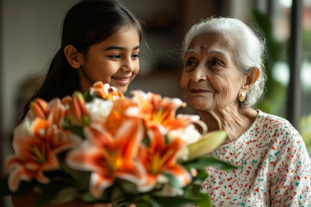 Granddaughter giving bouquet of flowers to grandmother for valentines dayの素材