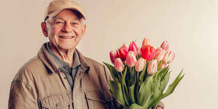 Senior florist holding bouquet of pink tulips for valentines dayの素材