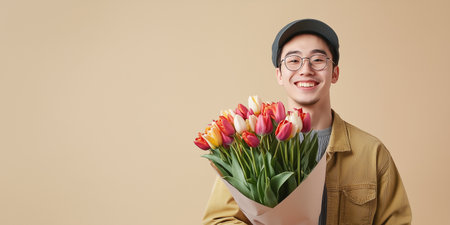 Florist holding a bouquet of tulips for valentines dayの素材