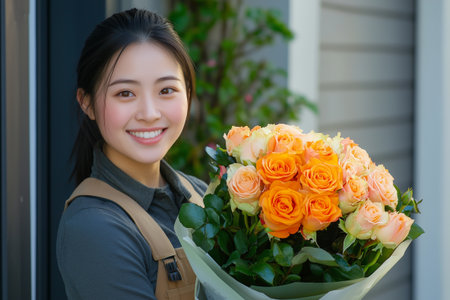 Asian Florist holding a bouquet of orange and peach roses for valentines dayの素材