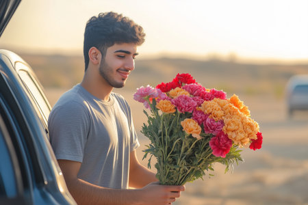 Young man holding bouquet of flowers near car at sunset, valentines day giftの素材