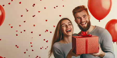 Happy couple holding valentines day gift with red balloons and confettiの素材