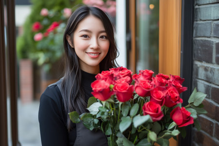 Asian Florist holding bouquet of red roses for valentines dayの素材