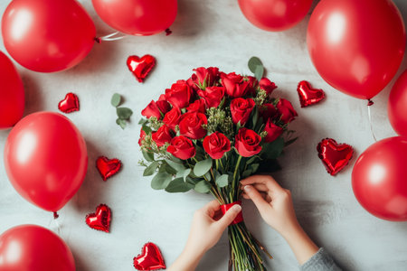 Florist preparing red roses bouquet for valentines day with heart balloonsの素材