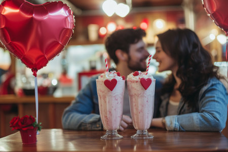 Couple celebrating valentines day with milkshakes in a cafeの素材