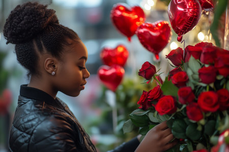 African American Florist arranging red roses for valentines day in flower shopの素材