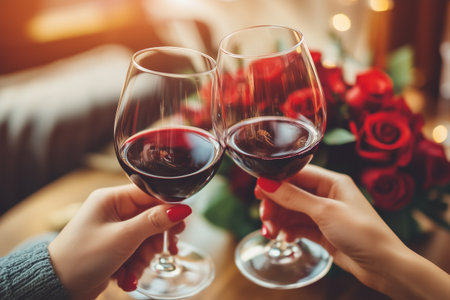Couple holding glasses of red wine celebrating valentines day with roses bouquetの素材