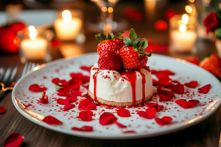 Delicious cheesecake with strawberries and rose petals for valentines day romantic dinnerの素材