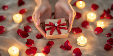 Woman holding valentines day gift box with red ribbon and rose petals surrounded by candlesの素材