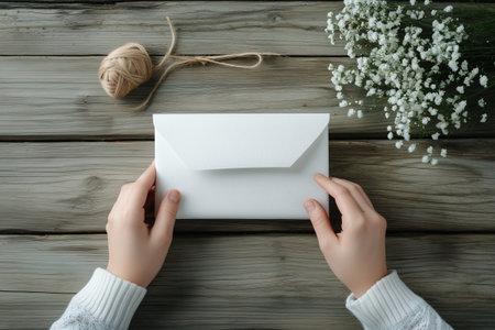 Woman holding white envelope for valentines day with flowers and rustic twine on wooden tableの素材