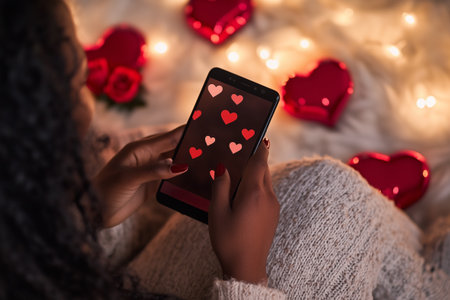African American Woman using mobile phone with hearts on screen for valentines day celebrationの素材
