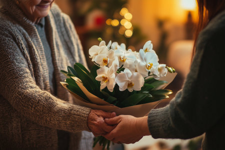 Woman giving white orchid flowers to senior woman for valentines dayの素材