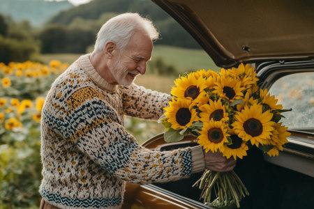 Senior farmer putting sunflowers in car trunk after harvest in sunny sunflower fieldの素材