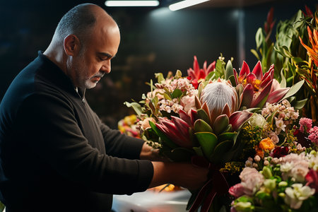 African American Florist arranging exotic king protea bouquet for valentines dayの素材