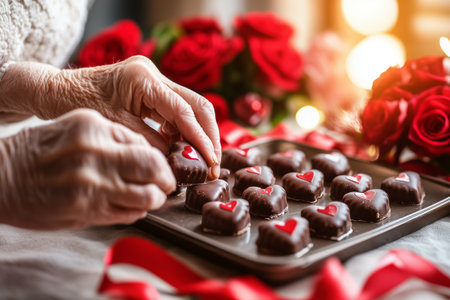 Elderly woman arranging heart shaped chocolates for valentines dayの素材