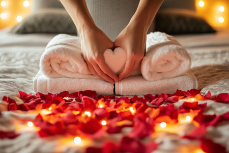 Woman making heart shape with hands over towels on bed with rose petals and candles for valentines dayの素材