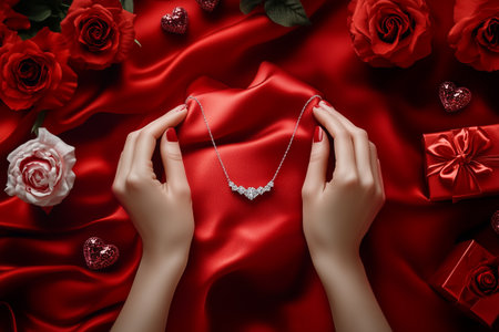 Woman holding diamond necklace on red silk for valentines dayの素材
