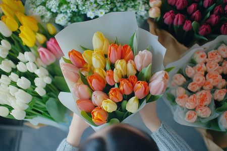 Florist arranging colorful tulips bouquet for valentines dayの素材