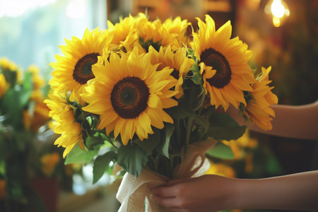 Florist preparing bouquet of sunflowers for valentines dayの素材