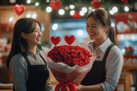 Asian Florists holding bouquet of red roses for valentines dayの素材