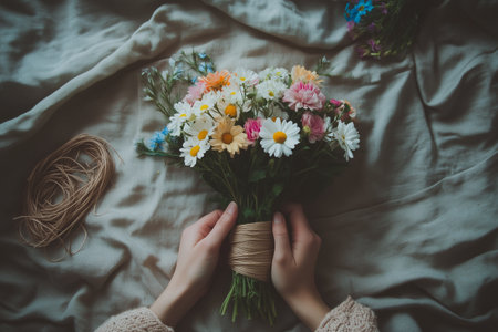 Florist arranging colorful daisy bouquet for valentines dayの素材