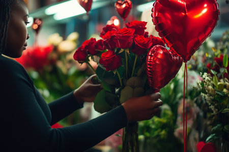 African American Florist arranging red roses with heart balloons for valentines dayの素材