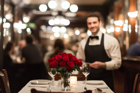 Red roses bouquet creating romantic atmosphere in restaurant on valentines dayの素材