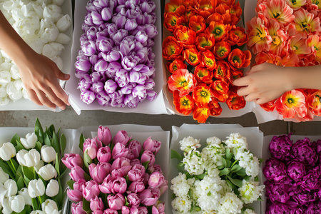 Florist arranging colorful tulips for valentines day bouquetの素材