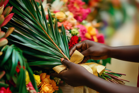 African American Florist arranging tropical bouquet for valentines day celebrationの素材