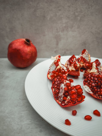 Pieces of a ripe pomegranate are artistically arranged on a white plate, its vibrant red seeds evoking themes of love, rebirth, and abundance, set against a muted gray backgroundの写真素材