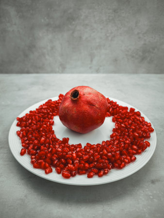 Ripe pomegranate fruit sits on a white plate, encircled by a ring of its vibrant red seeds, creating a symbolic representation of rosh hashanah and its themes of rebirth and abundanceの写真素材