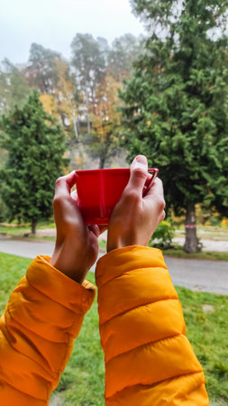 Hands holding a red mug with a hot beverage in front of a beautiful autumn landscape in Bohemian paradise, Czech republic, creating a cozy and serene atmosphereの写真素材