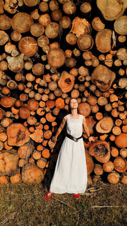 Woman in white dress posing against stacked logs in czechia Trail of the Knight