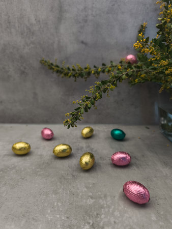 Chocolate easter eggs scattered on a table with mimosa flowers celebrating spring gray background