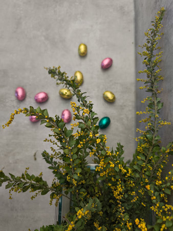 Chocolate easter eggs scattered around mimosa flowers for spring celebration copy space gray...