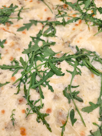 Delicious lasagna with fresh arugula covering creamy bechamel sauceの写真素材