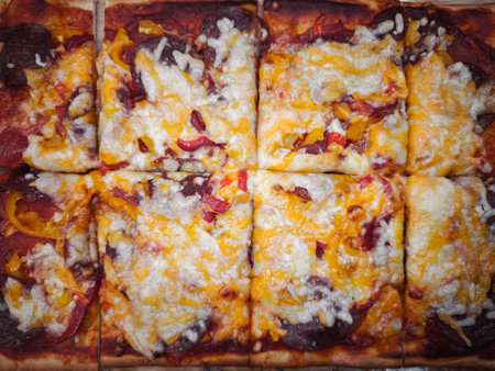 Delicious square pizza with salami, bell peppers and melted cheese