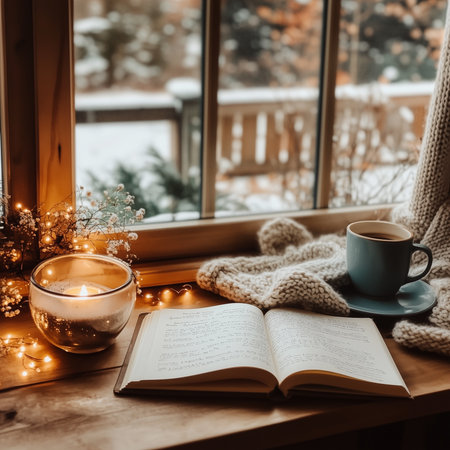 A cozy winter scene with a book, steaming coffee, a flickering candle, and gentle snow falling outsideの素材