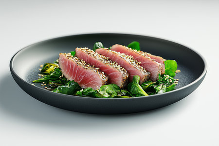 A plated dish with fresh tuna on a vibrant spinach bed, garnished artfully with sesame seeds for textureの素材