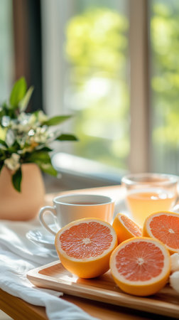 A beautifully bright and inviting breakfast scene featuring fresh, juicy oranges, aromatic tea, and vibrant flowersの素材