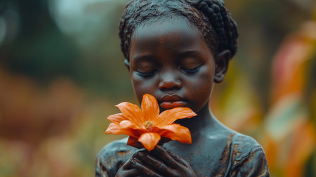 Child admires a flower near a memorial statue. Heroes' Day in Rwandaの素材