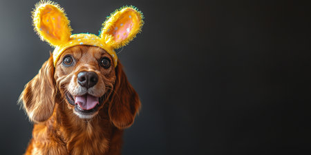 A cheerful dog wears colorful bunny ears, ready for Easter festivities with a bright smile.の素材