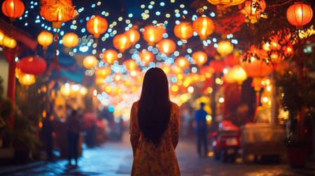 Streets are lively with glowing lanterns as people welcome the Chinese New Year festivities.の素材