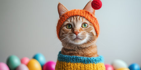 A playful cat in a vibrant outfit sits against a white backdrop, ready for Easter fun.の素材
