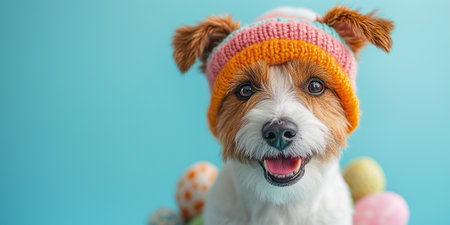 A cheerful dog wearing a vibrant hat poses with colorful Easter eggs against a bright backdrop.の素材