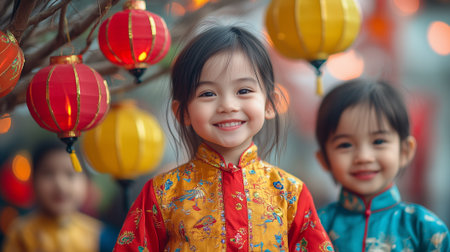 Children joyfully play near a small festive tree decorated for Chinese New Year celebrations.の素材